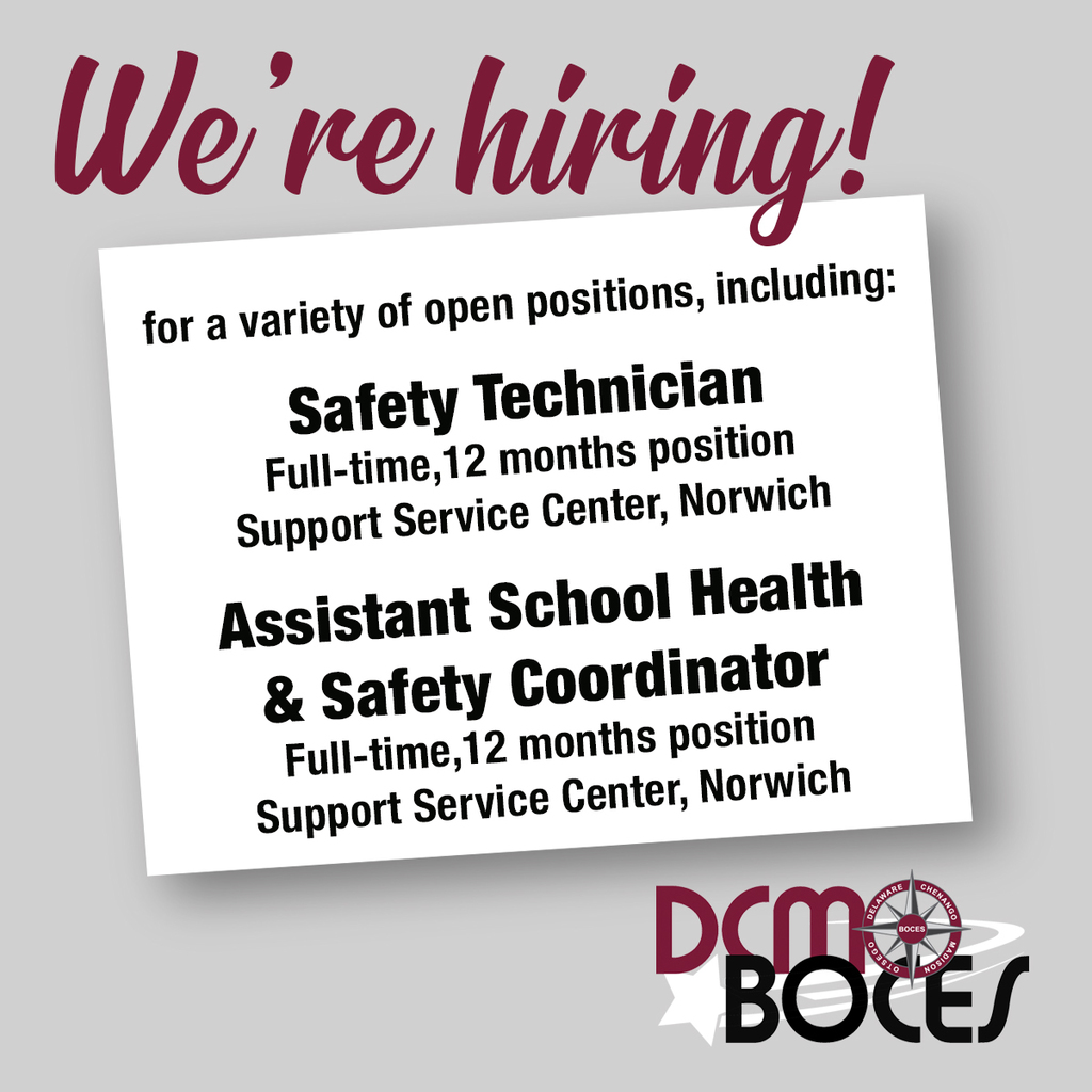 we're hiring for a variety of open positions, including Safety Technician - Full-time,12 months position at the Support Service Center, Norwich  Assistant School Health & Safety Coordinator - Full-time, 12 months at the Support Service Center, Norwich