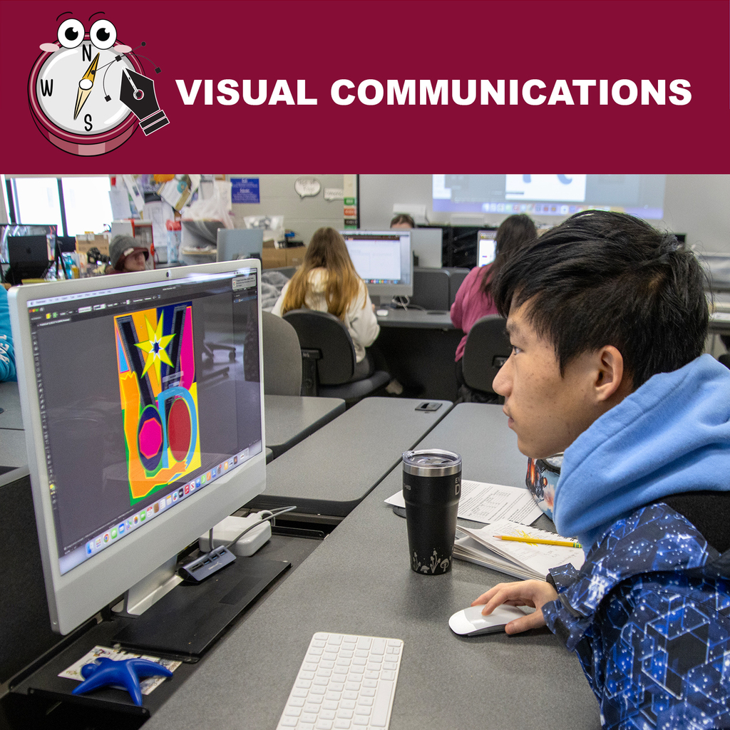 visual communications (header); student working at computer