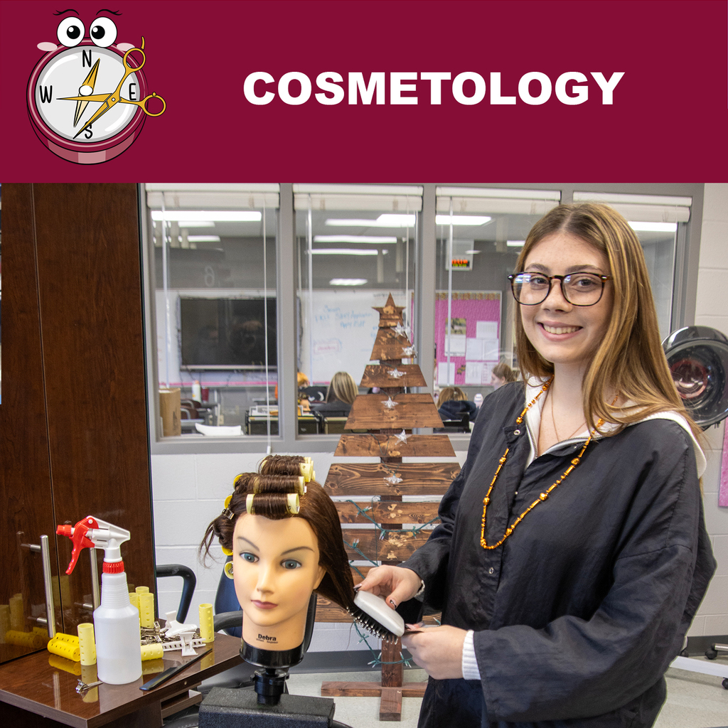Cosmetology (piture of cosmetology student, cartoon character in the corner)