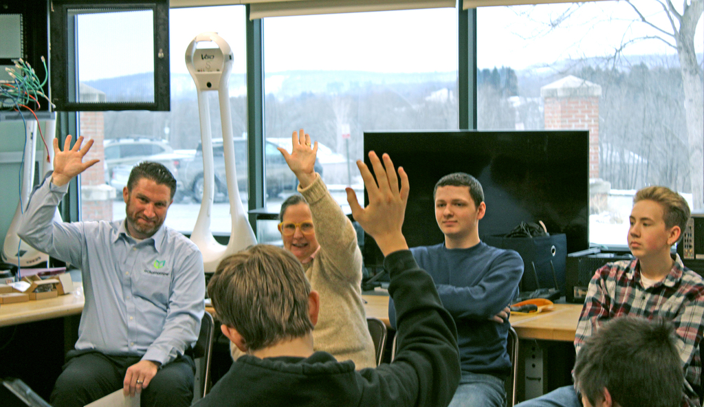 Students from the morning Computer Networking CTE class pose with teacher Ann French and John Whalen from EdTomorrow.