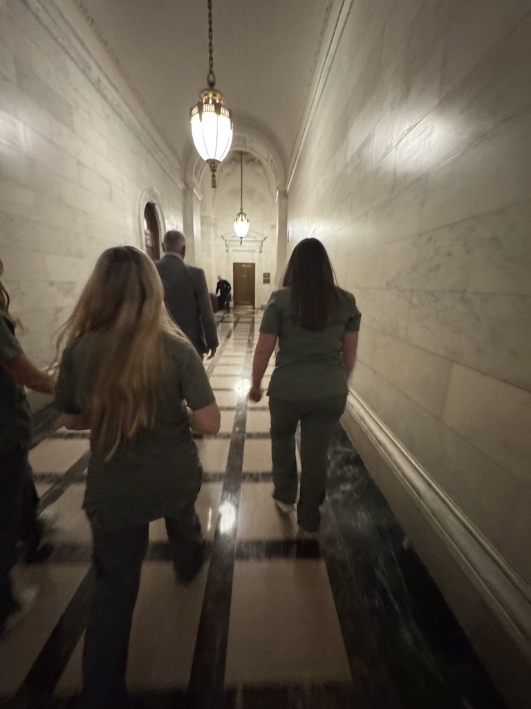 students in legislative building hallway, a legislator is walking ahead of them