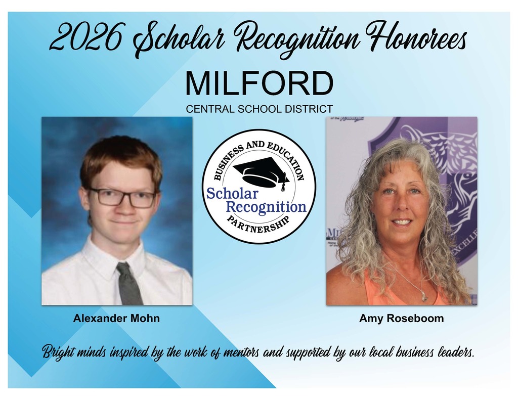 2026 Scholar Recognition Honorees for Milford CSD: Alexander Mohn and Amy Roseboom
