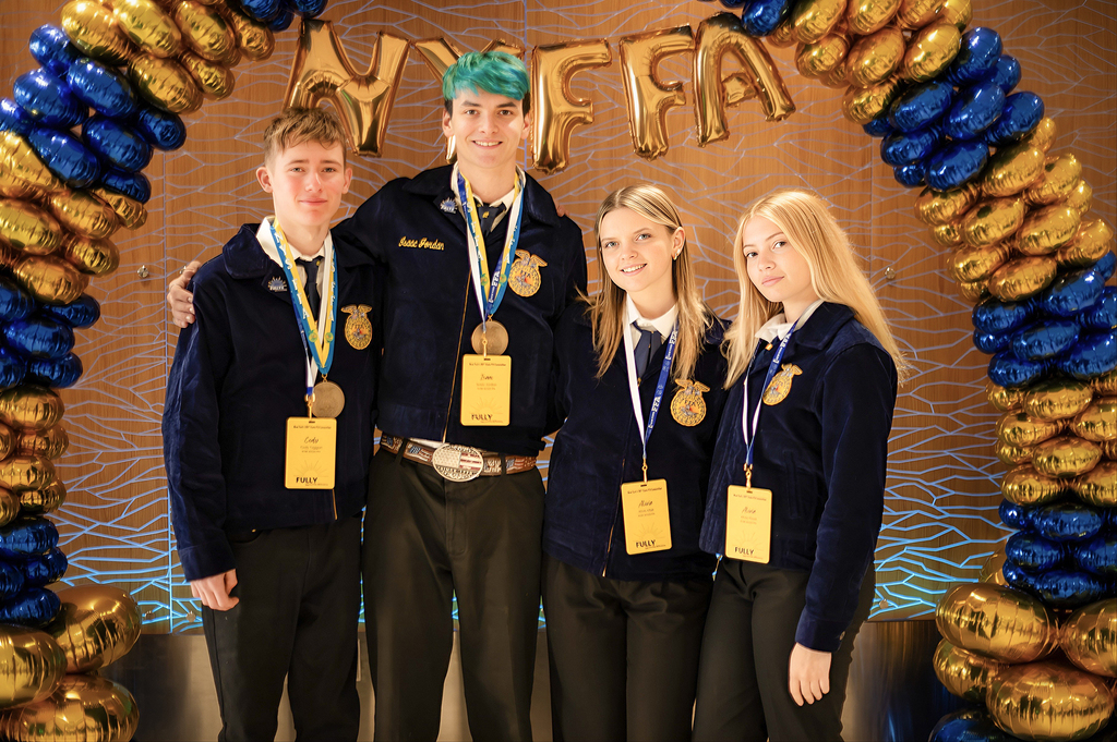 The FFA Maple Team: Cody Taggart (Unatego), Isaac Jordan (Franklin), Alivia Vitek (GMU), and Alivia Plows (GMU). 