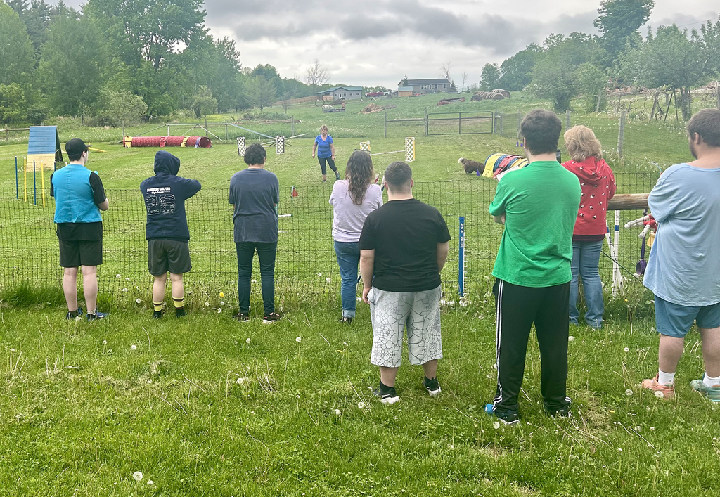 students look on as a dog handler and a dog demonstrate agility on an obstacle course