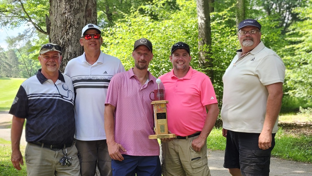 Members of the top team in last week’s Lew Ford Memorial Golf outing pose with their trophy. From left: Rick Shaw, DCMO BOCES Assistant School Health & Safety Coordinator; “Team White” members Tim Smith, Matt White and Shane Dirig; and DCMO BOCES Coordinator of Health & Safety Jason Lawrence.