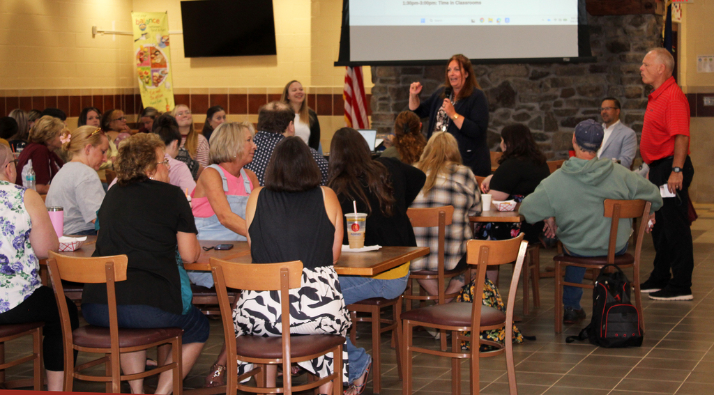 Roula Ragusa speaks to employees at Harrold Campus