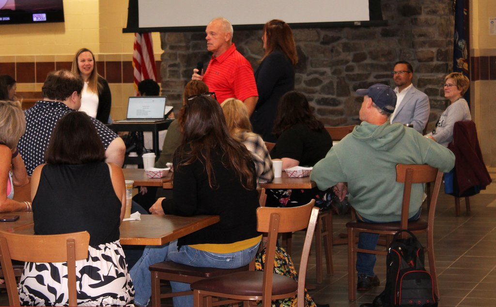 Assistant principal speaks to employees at Harrold Campus
