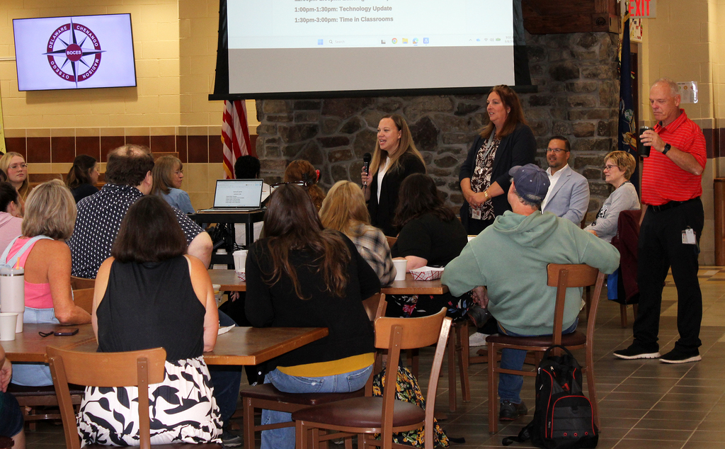 a speaker presents to employees at Harrold campus