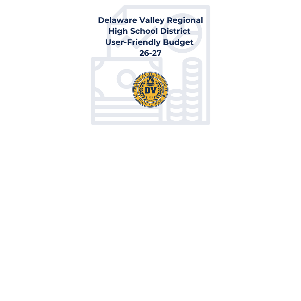 Graphic of pie chart, line graph, and money with Del Val School logo