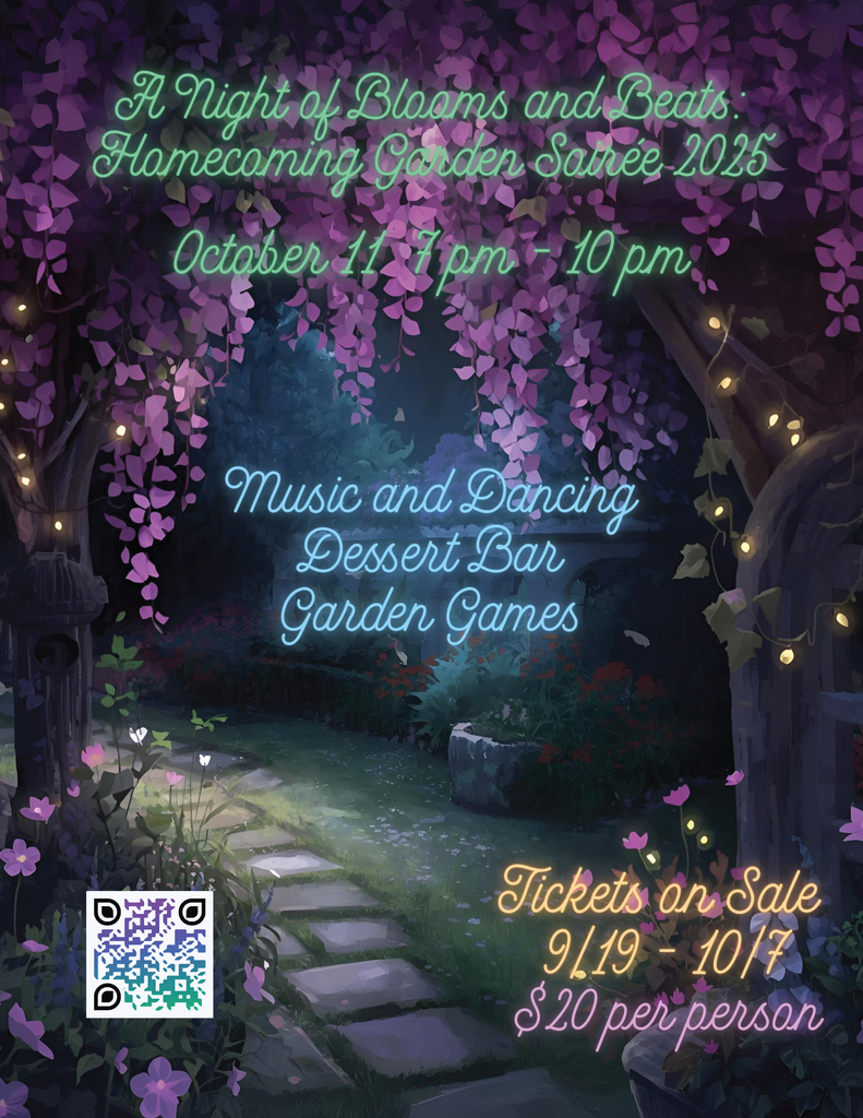 DelVal Homecoming, "A Night of Blooms and Beats: Homecoming Garden Soireé 2025" is 10/11 from 7-10pm. Tickets on sale starting 9/19; scan QR code to purchase.