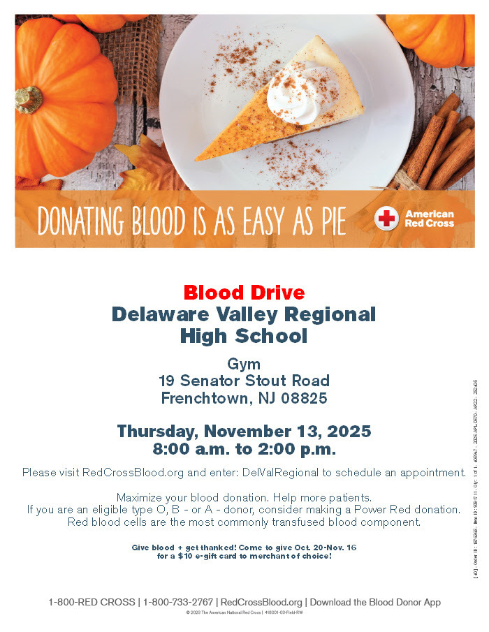 Blood drive at DelVal Rehional High School on 11/13/25. Register at: https://arcpublicity.bottomlineink.net/Common/SocialClick?oid=1876365&sk=DelValRegional&src=Email