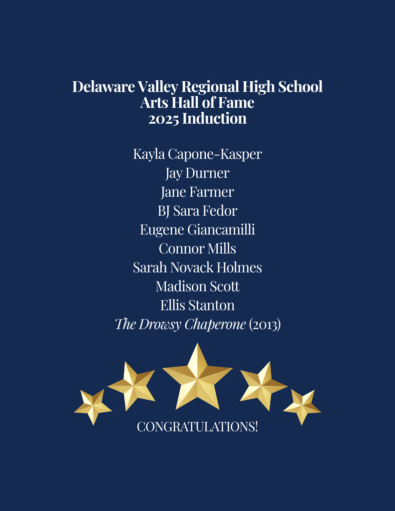 Navy blue background with 2025 Arts Hall of Fame Inductees' names: Kayla Capone-Kasper, Jay Durner, Jane Farmer, BJ Sara Fedor, Eugene Giancamilli, Connor Mills, Sara Novack Holmes, Madison Scott, Ellis Stanton, and the cast of The Drowsy Chaperone (2013).