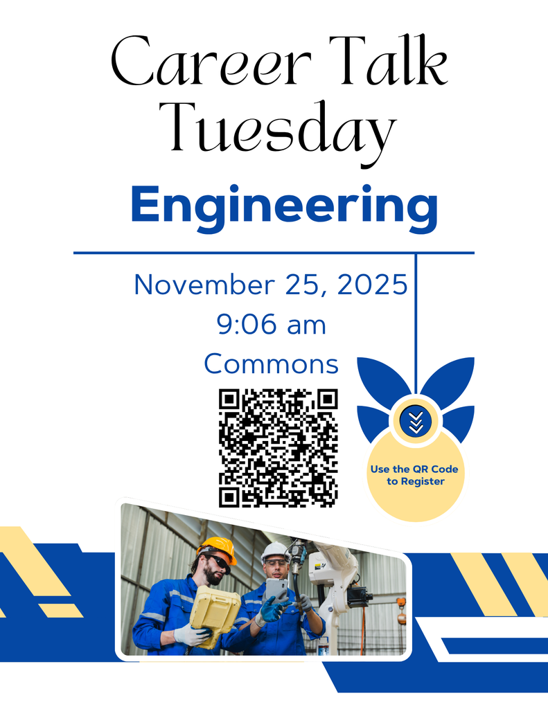 QR code for registering for Career Talk Tuesday. Photo of two engineers in blue jumpsuits, wearing safety glasses and hard hats working together looking at a robotics machine.