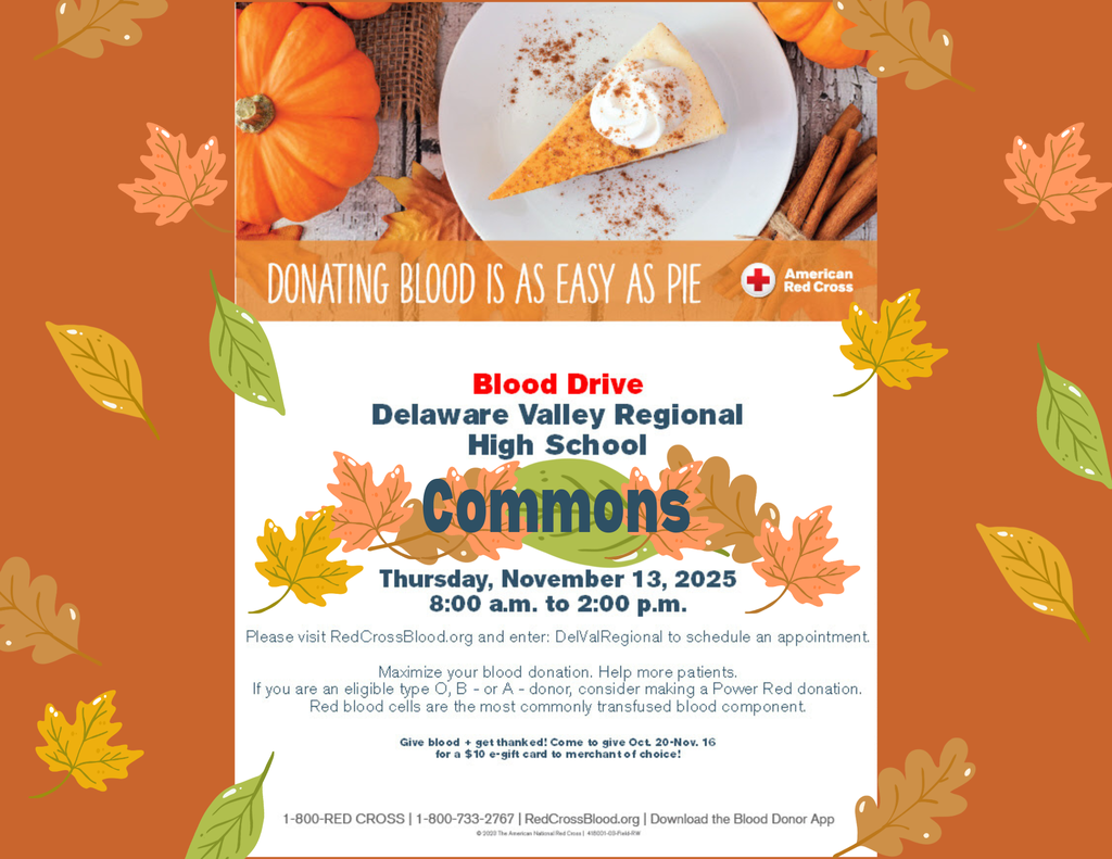 Slice of pumpkin pie on plate with pumpkins surrounding. Location change- the Blood Drive will be held in the Commons on 11/13 from 8am-2pm.