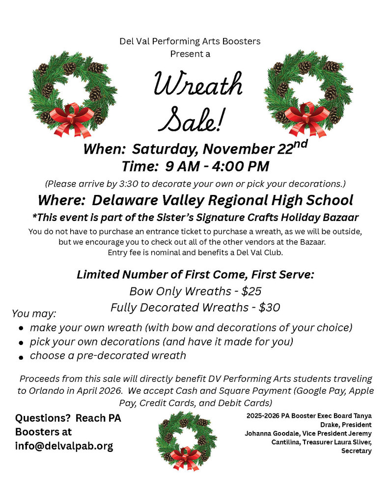 Green wreaths decorated with red bows and pinecones surround text on the page about an outdoor wreath sale at DelVal on 11/22 from 9am-4pm benefitting the Performing Arts Booster program.