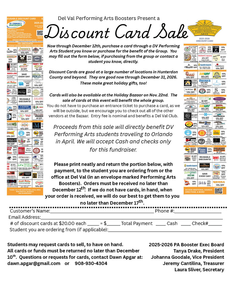 Images of various local company logos that accept the discount card and order form to order discount cards.