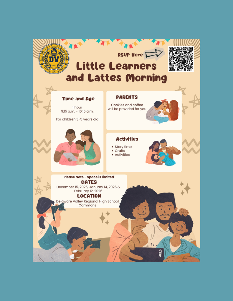 Various images of multicultural families and children in a variety of vignettes together and the Del Val High School logo, and QR registration code in upper-right corner for signup. Participants can also register at: https://docs.google.com/forms/d/e/1FAIpQLSc3ciMOBXa6z4GSc6u8D9rhRAvf6hk3dO-uuStcbVTFT26MPQ/viewform
