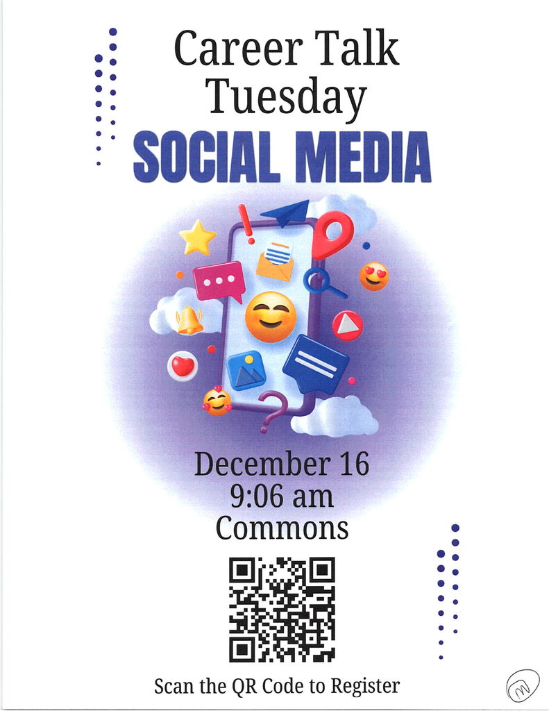 Cartoon graphic of social media icons on a mobile phone. QR code for students to register.