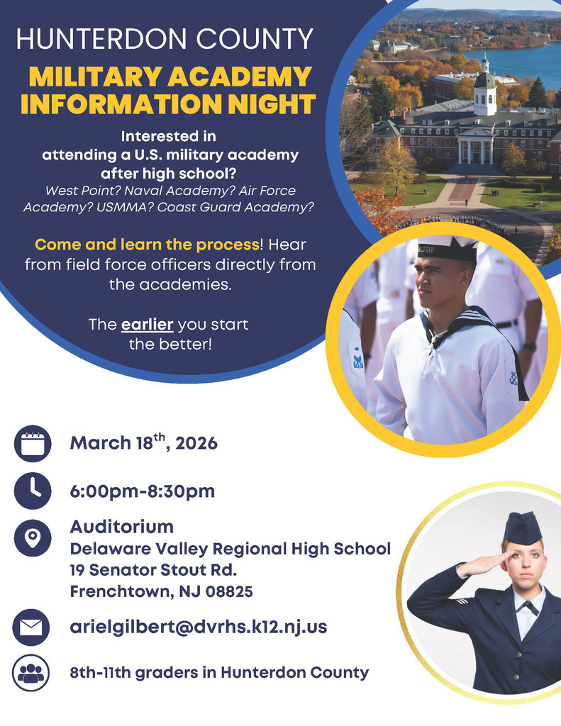 Military personnel in uniform from airforce and navy in foreground, U.S. military academy building in background. Hunterdon County Military Academy Information Night, 3/18, from 6-8pm in the Del Val auditorium.