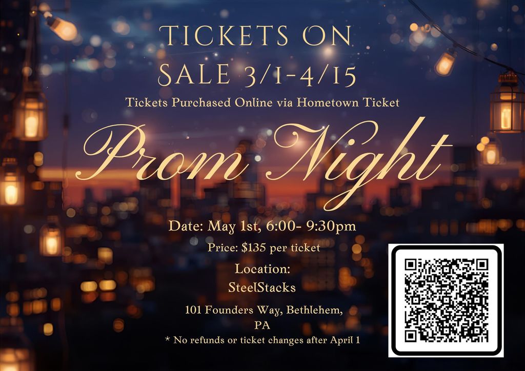 Prom Night: May 1, 6-9:30pm; tickets on sale 3/1-4/15, scan QR code. Background of image is glowing hanging lanterns with city skyline with orange, purple sunset in background.