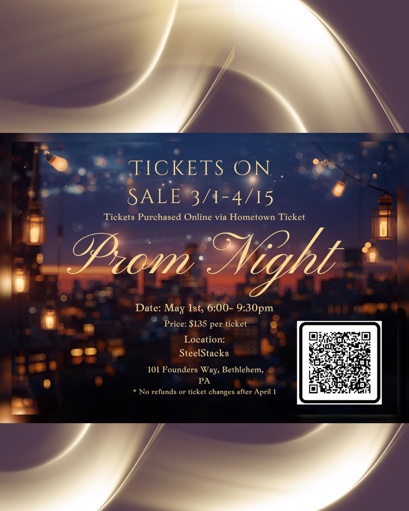 Prom Night: May 1, 6-9:30pm; tickets on sale 3/1-4/15, scan QR code. Background of image is glowing hanging lanterns with city skyline with orange, purple sunset in background.