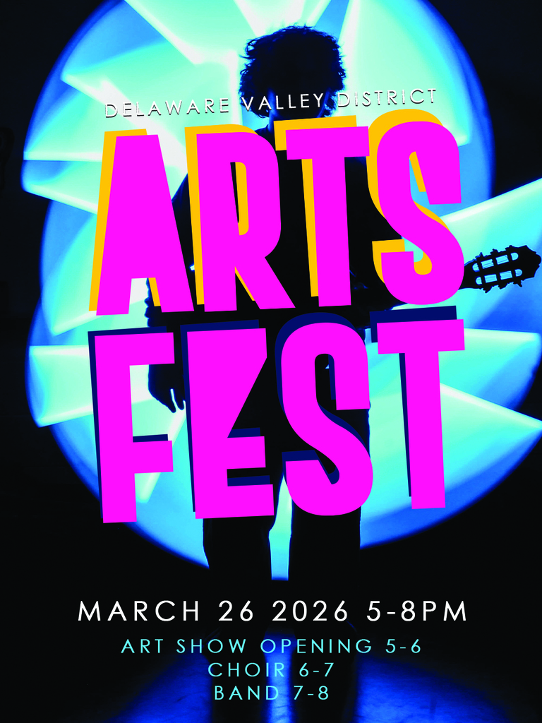 Musician silhouette holding a guitar while back like by blue light. Text overtop graphic reads, "Delaware Valley District Arts Fest, Thursday, March 26, from 5-8pm! 5pm: Art Gallery Opening in the Commons 6pm: Choral Concert in the Auditorium 7pm : Band Concert & Jazz Performance in the Hutch Gym"