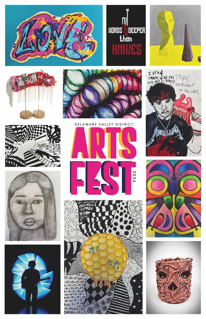 Collage of various student artwork with Arts Fest 2026 logo in center of poster.