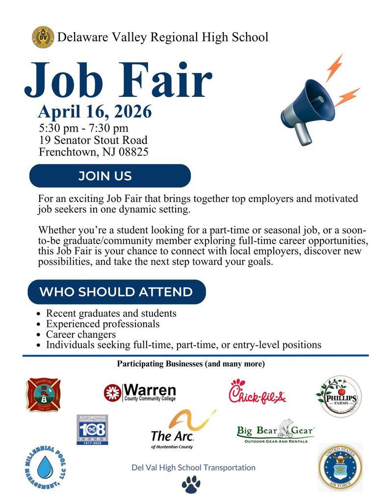 Job Fair April 16, 2026 from 5:30-7:30pm at Delaware Valley Regional High School