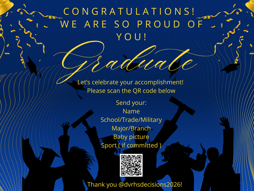 Blue background with gold streamers in upper corners of image appear with silhouettes of graduating students holding diplomas and raising arms in triumph and celebration .