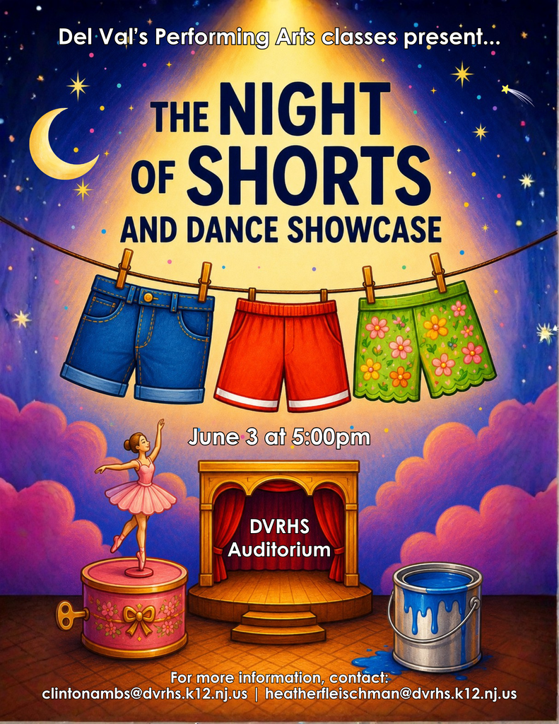 Starry night backdrop with purple and pink hued clouds, laundry drying line has three pairs of shorts clipped and drying while a musical box, open paint can, and a small image of an auditorium appear in the foreground announcing The Night of Shorts and Dance Showcase on June 3rd at 5pm in the DelVal Auditorium.
