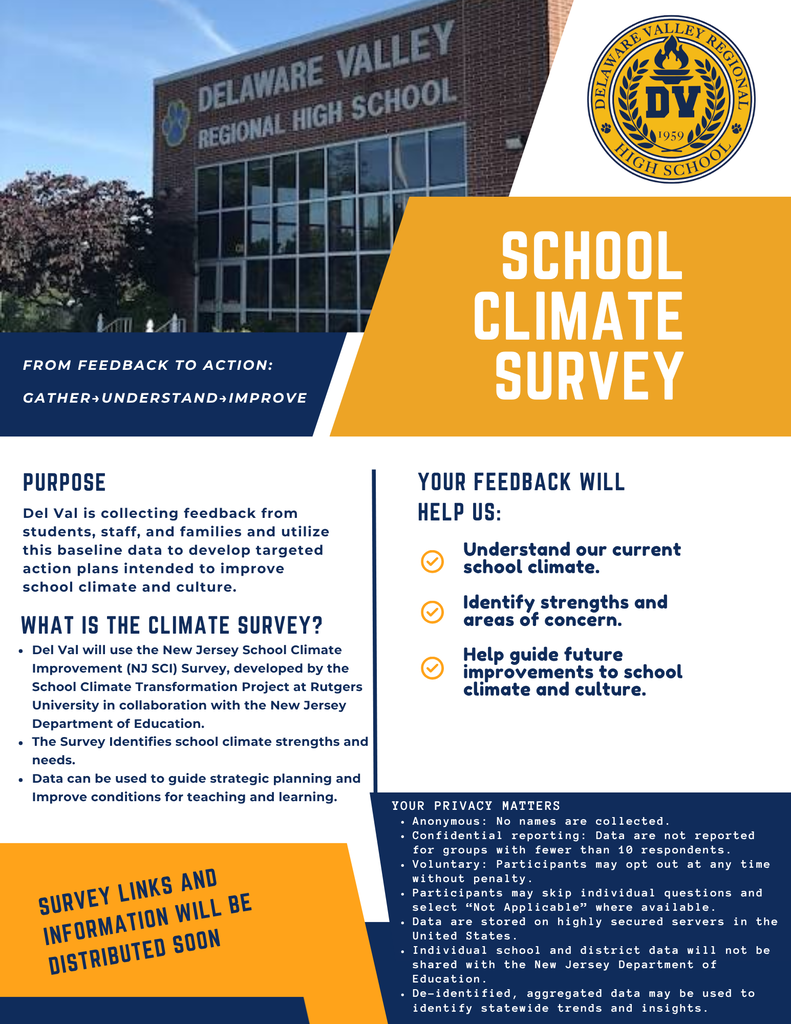 Informational one-page sheet about future climate survey being sent out to students, staff, and families collecting feedback to improve school climate culture. DelVal building appears in upper left-corner of sheet with blue sky behind it. School logo in upper right-hand corner and blue, gold, and white accent shapes across rest of page with text information.