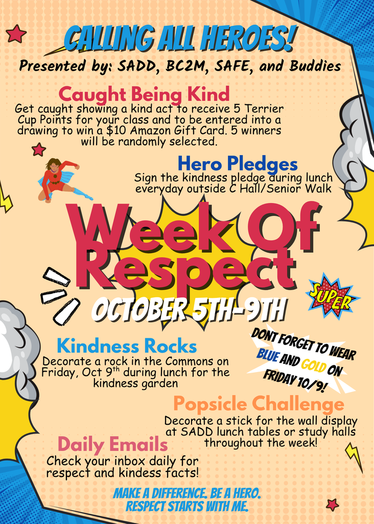 Comic book- graphic styled announcement about Week of Respect Running October 5th-9th. Images of lightning bolts, stars, and a superhero in a cape flank the announcement.