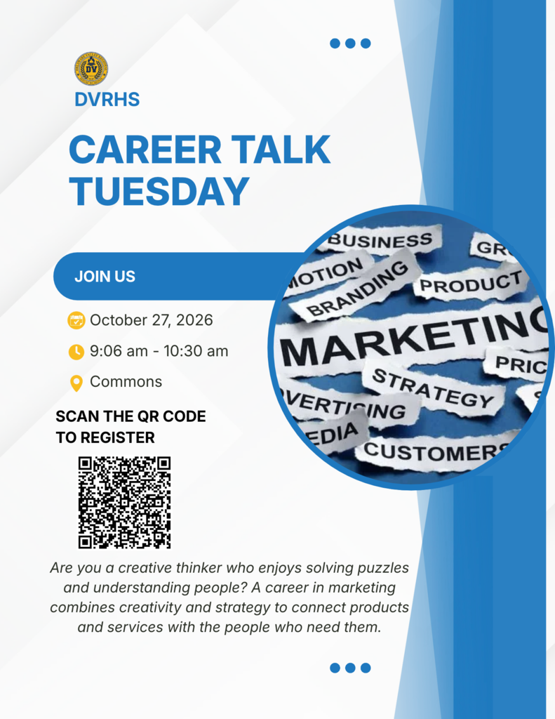 Words related to marketing appear in foreground, white background with sky blue decorative accent lines appear. QR code for registration for Career Tuesday Talk: Marketing appears in lower right corner of image. Career Talk Tuesday for Marketing is on 10/27/26 from 9:06am-10:30am in the Commons for DelVal students.