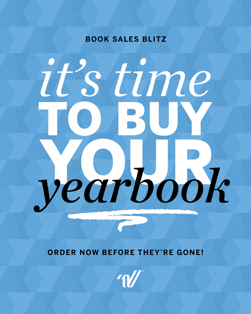 DVRHS yearbook and senior ads can be purchased at https://yearbookordercenter.com/?school=55014. Light blue background with "it's time to buy your yearbook" reminder in white and black font in foreground.
