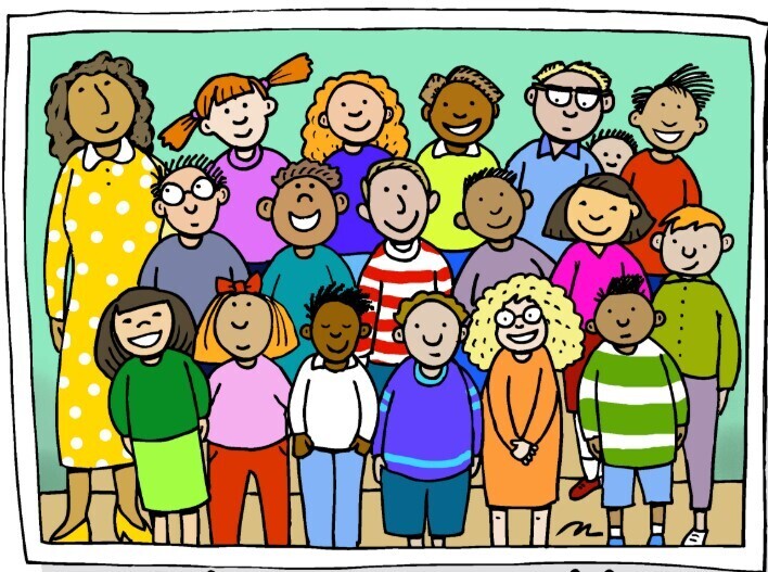 Cartoon of a classroom of students in different colors and styles of clothing. A teacher stands in front.