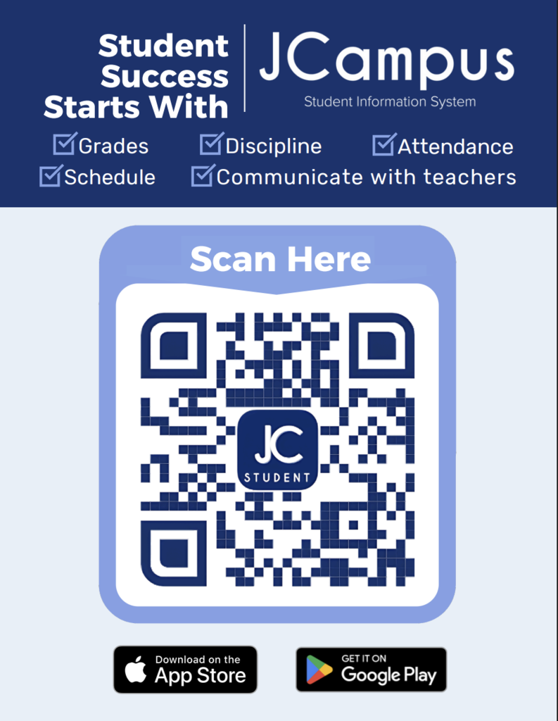Digital banner promoting a student information system. Features text "Student Success Starts With" and icons for Grades, Discipline, Attendance, Schedule, and Communication. QR code for app download.