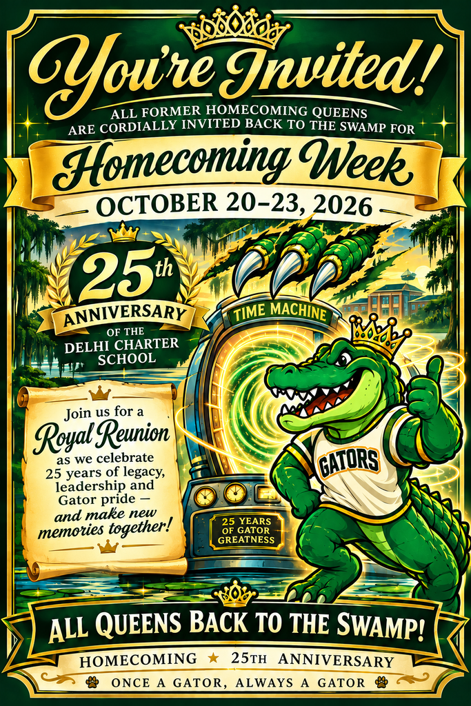Poster for Homecoming Week on October 20-23, 2026, at Delhi Charter School. A cartoon alligator wearing a crown holds a golden time machine.