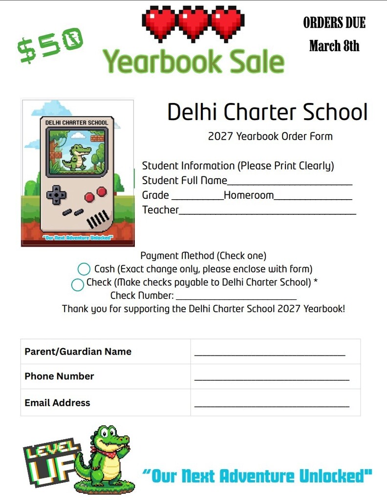 A page with an order form for a 2027 Delhi Charter School yearbook. It includes fields for student and parent/guardian information and options for payment.