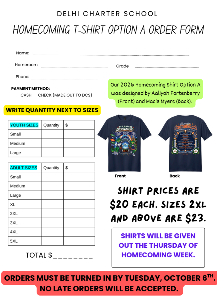 Order form displays options for Delhi Charter School homecoming t-shirts. T-shirt sizes range from small to 4XL. Prices vary by size.