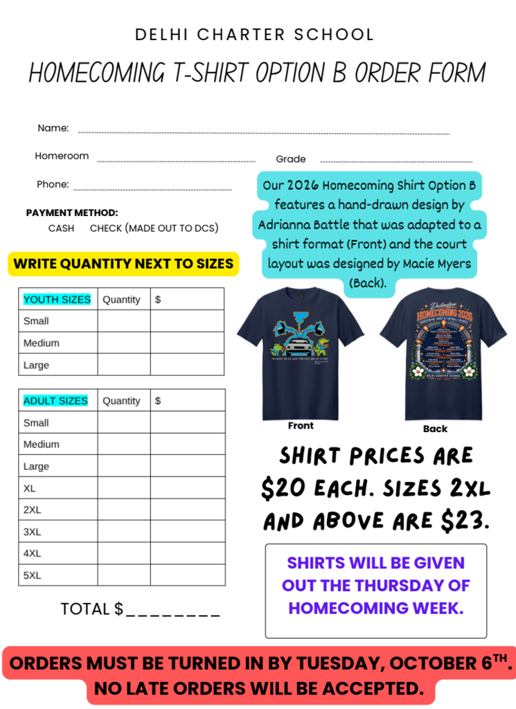 A form for Delhi Charter School Homecoming T-Shirt Option B includes sections for youth and adult sizes, and shirt prices.