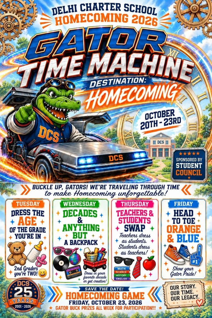 A poster promotes "Gator Time Machine Homecoming" with a cartoon alligator in a car. It highlights activities from October 20-23.