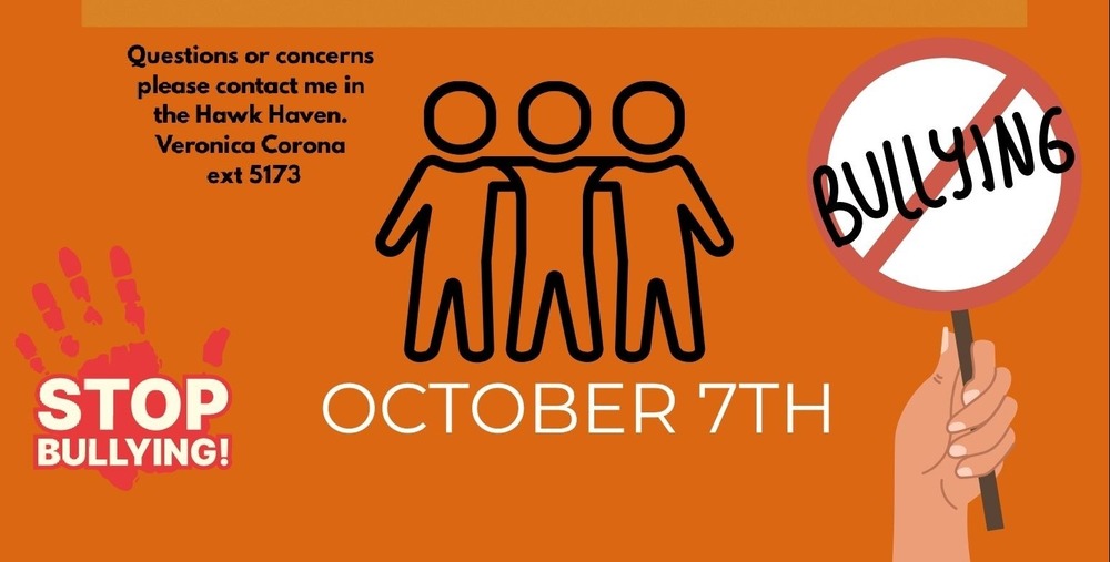 orange background, (center)3 stick shaped bodies hugging, (right)word bullying crossed out in red on a white sign. (left) red hand with white words stating Stop Bullying