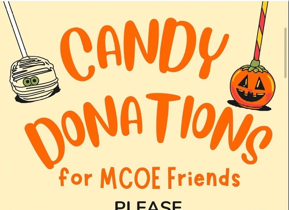 Orange words reading Candy Donations. Left side mummy cakepop with white stick. right side pumpkin cakepop with orange and yellow stick