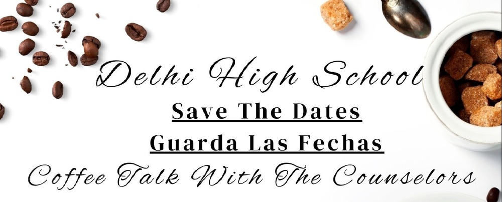 Save the Date for Coffee with the counselors. Coffee beans and cup