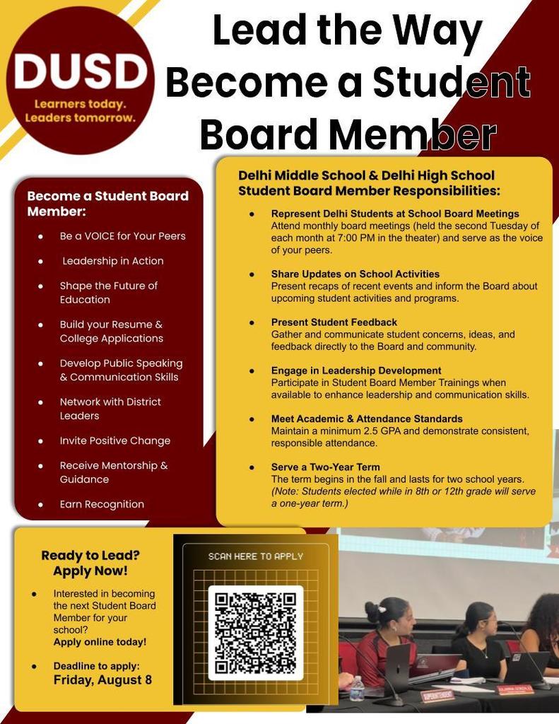 Attention Delhi Middle School and Delhi High School Students: Become a Leader and Join the Delhi Unified School District Board of Trustees as a Student Board Member. We are accepting application through Friday, August 8, 2025. Apply online today.