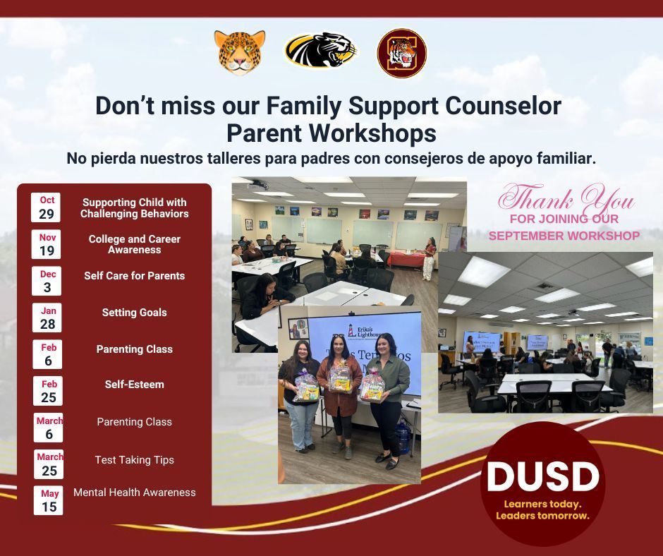 We invite you to join our Family Support Counselor Parent Workshops! These sessions are designed to help you learn strategies and tools to better support your child’s well-being and success in school. 📅 Upcoming topics include: Oct 29 – Supporting Child with Challenging Behaviors Nov 19 – College and Career Awareness Dec 3 – Self-Care for Parents …and more throughout the year! Your participation can make a big difference for your student. We hope to see you there!