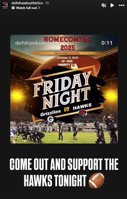🎉🏈 It’s Homecoming Day, Hawks! 🏈🎉 📣 Parade at 1:00 PM – Come out and show your Hawk pride as our community comes together to celebrate! 🔥 Homecoming Game Tonight – Delhi Hawks 🦅 vs Grizzlies 🐻 📍 Delhi High School ⏰ JV at 5:00 PM | Varsity at 7:15 PM Let’s pack the stands, cheer on our Hawks, and make it a night to remember! ❤️🖤