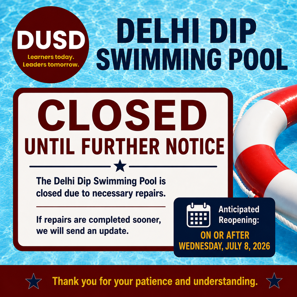 The Delhi Dip Swimming Pool remains closed due to necessary repairs and will be closed until further notice. If repairs are completed sooner, we will provide an update. We appreciate your patience and understanding as we work to restore pool operations. At this time, we anticipate reopening on or after Wednesday, July 8, 2026
