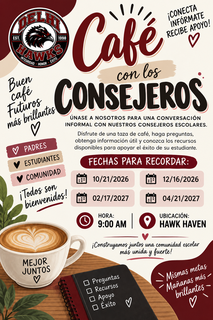 Folleto de Café con los Consejeros que invita a padres, estudiantes y miembros de la comunidad a conversar con los consejeros escolares de Delhi Unified School District en Hawk Haven a las 9:00 a.m. en cuatro fechas durante el ciclo escolar 2026–2027.