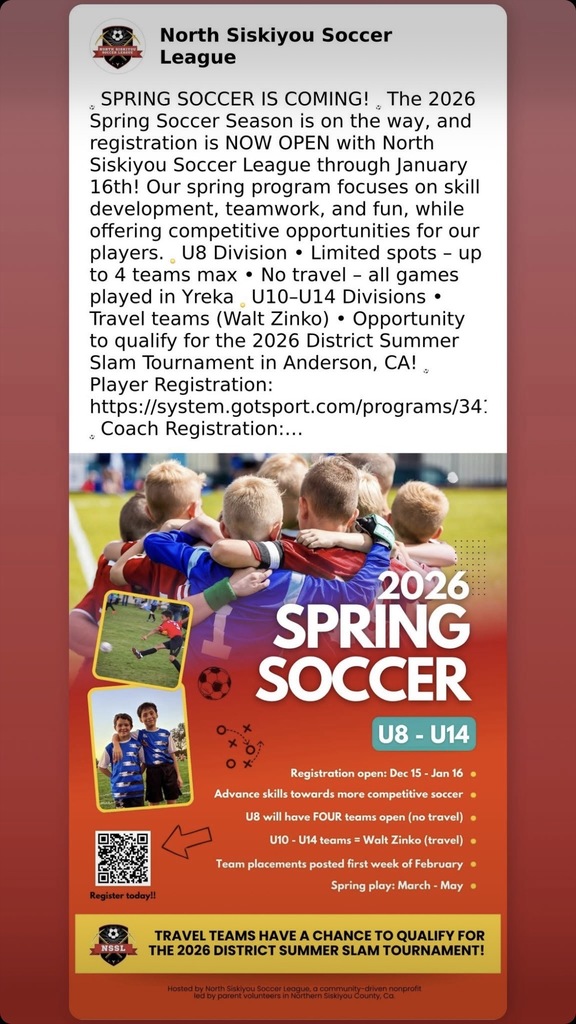 North Siskiyou Soccer League Spring 2026 Flyer